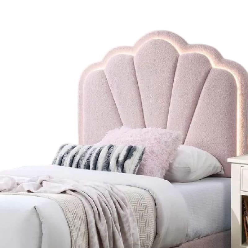 Roxy Twin Bed, Pink Wool Upholstery, LED Lighting, Padded Headboard