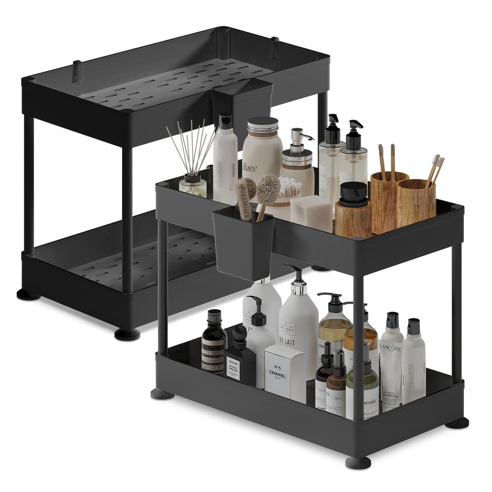 Empyrean 2 Tier Non-Slip Grip Kitchen Under Sink Organizer - Bathroom Cabinet Organizer with Utility Hooks and Side Caddy