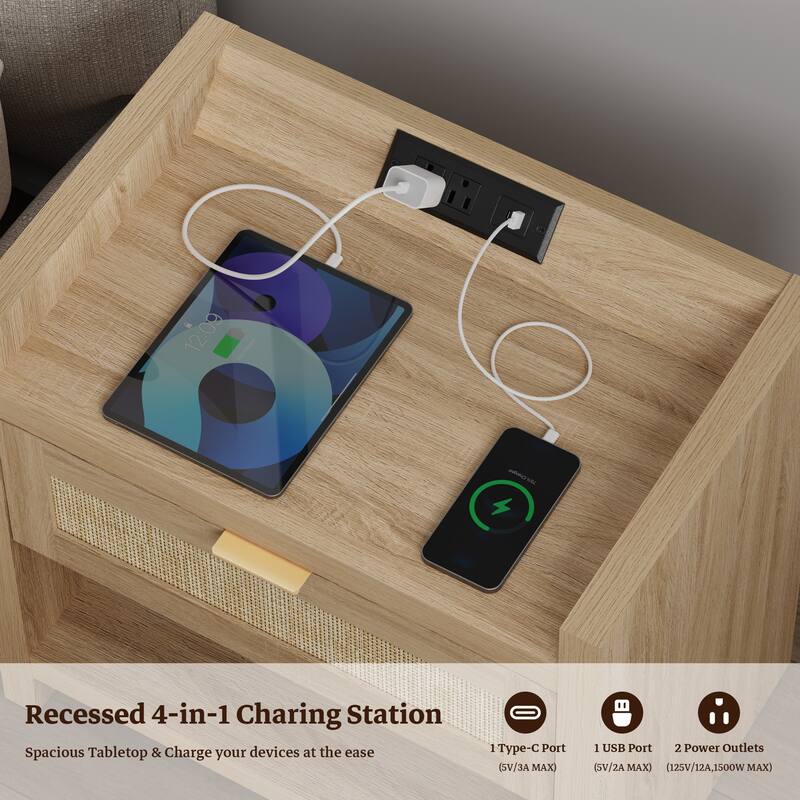 Farmhouse Nightstand with Charging Station and Drawers