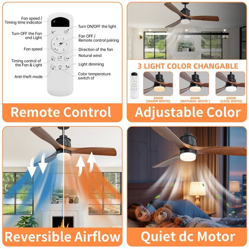 60" Black & 52" White Ceiling Fans with LED Light & Reversible DC Motors