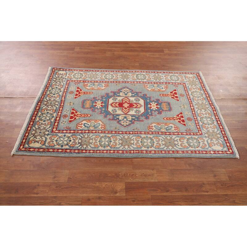 Geometric Blue Kazak Accent Rug Handmade Wool Carpet - 3'3" x 4'11"
