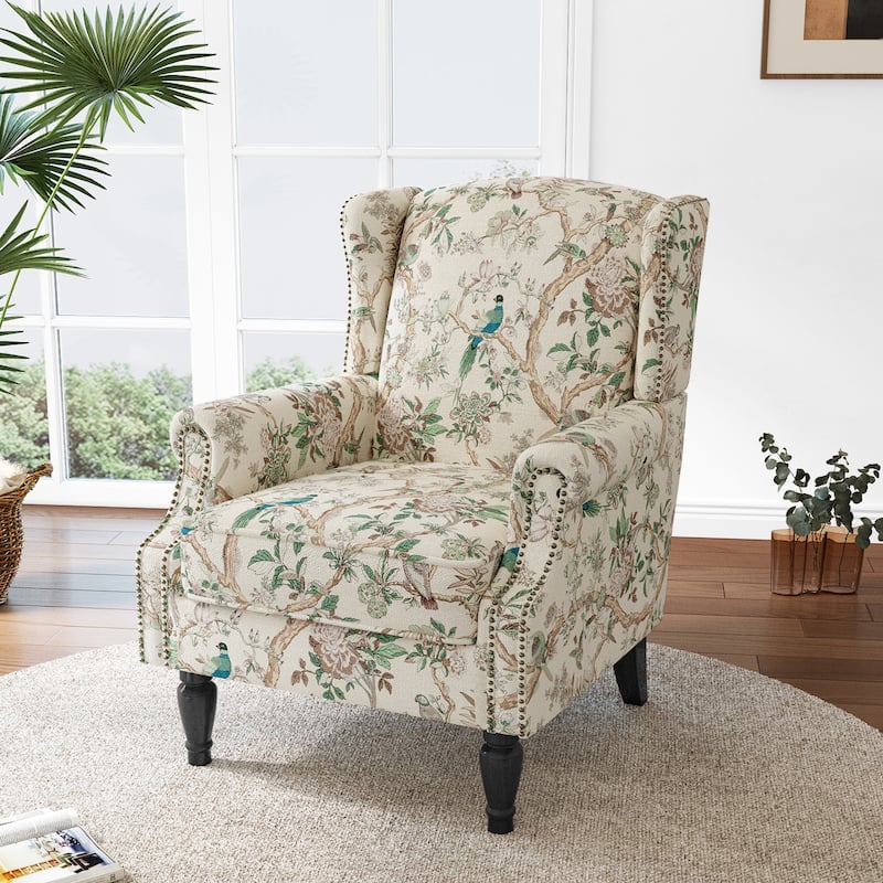 Mid-Century Modern Linen/ Vegan Leather Wing Back Accent Chair