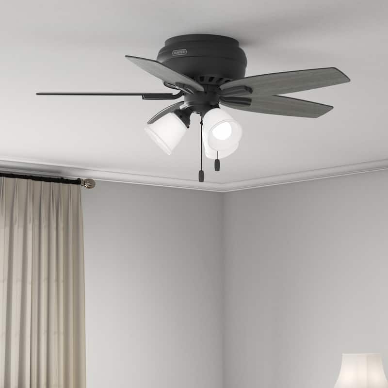 Hunter 42" Newsome Flush Mount Ceiling Fan w/ 3-Light LED Light Kit and Pull Chain - Transitional, Casual - Low Profile!