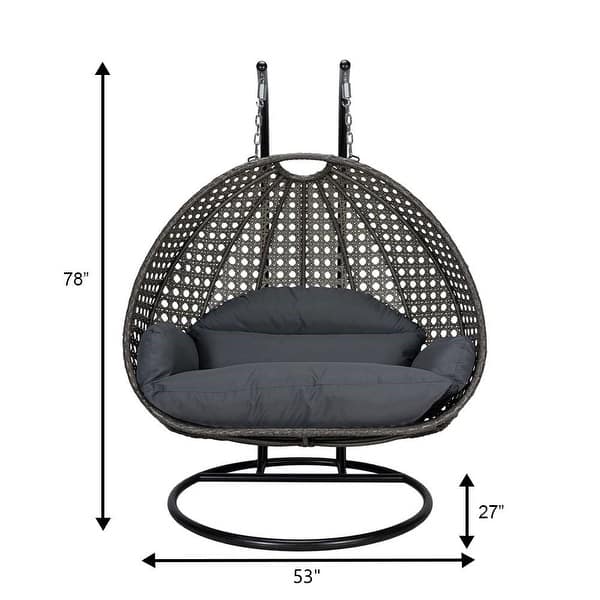 dimension image slide 6 of 16, LeisureMod 2-Person Double Egg Swing Chair - Charcoal Wicker with Metal Stand & Plush Cushions - Modern Outdoor Patio Lounger