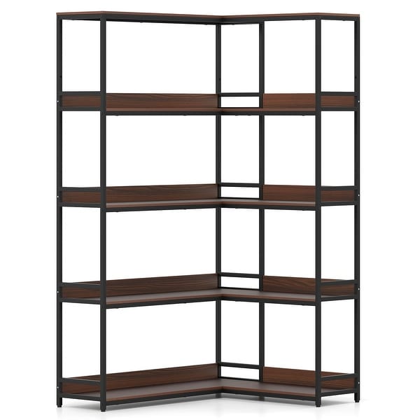 5-Tier Industrial Wood Open Corner Bookcase 90 Degrees Large