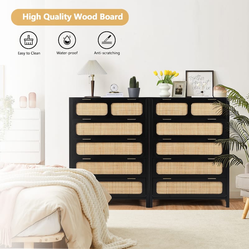 Wooden Rattan 5-Drawer Storage Cabinet Dresser
