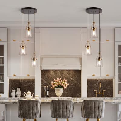 Haye Modern 3-Light Glass Chandelier Black Gold Cluster Pendant Lights for Kitchen Island - 15.5" D x 10" H