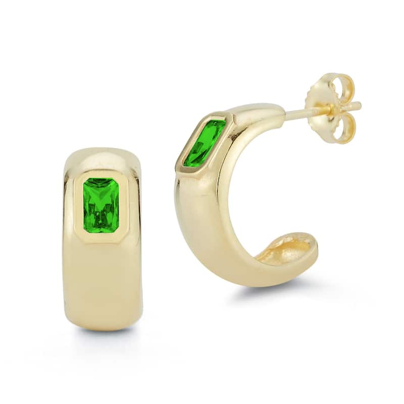 Soleil Sterling Silver Emerald CZ C-Hoop Earrings - Yellow/Green