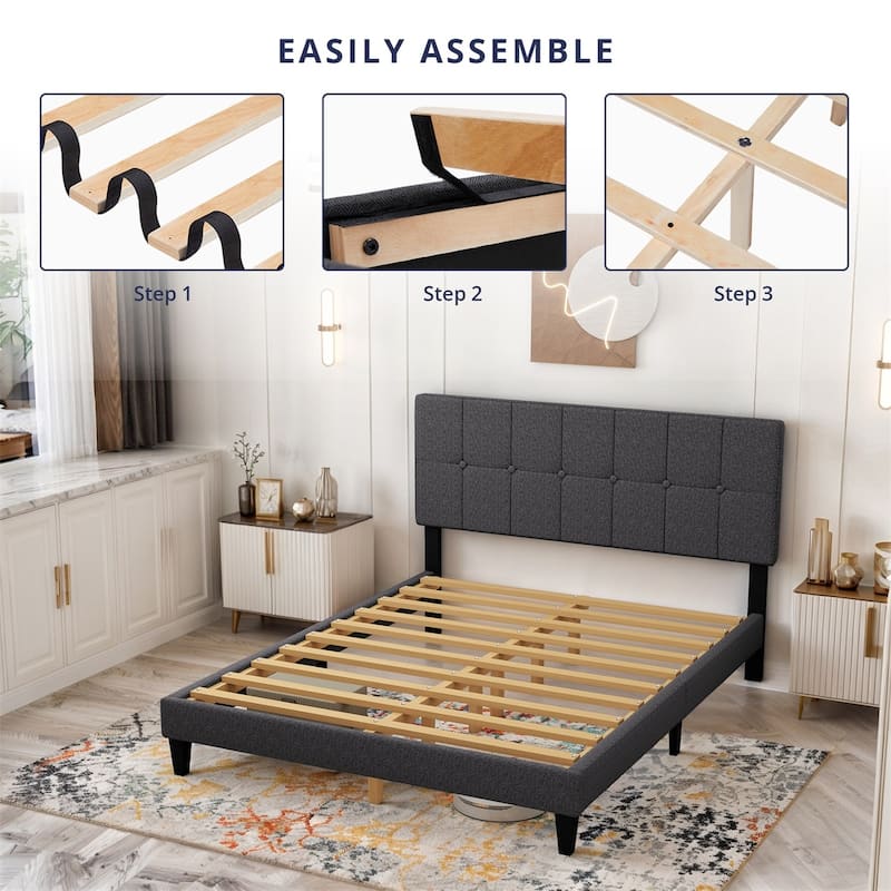 Twin Bed Frame Upholstered Platform with Headboard and Strong Wooden Slats,No Box Spring Needed, Easy Assembly