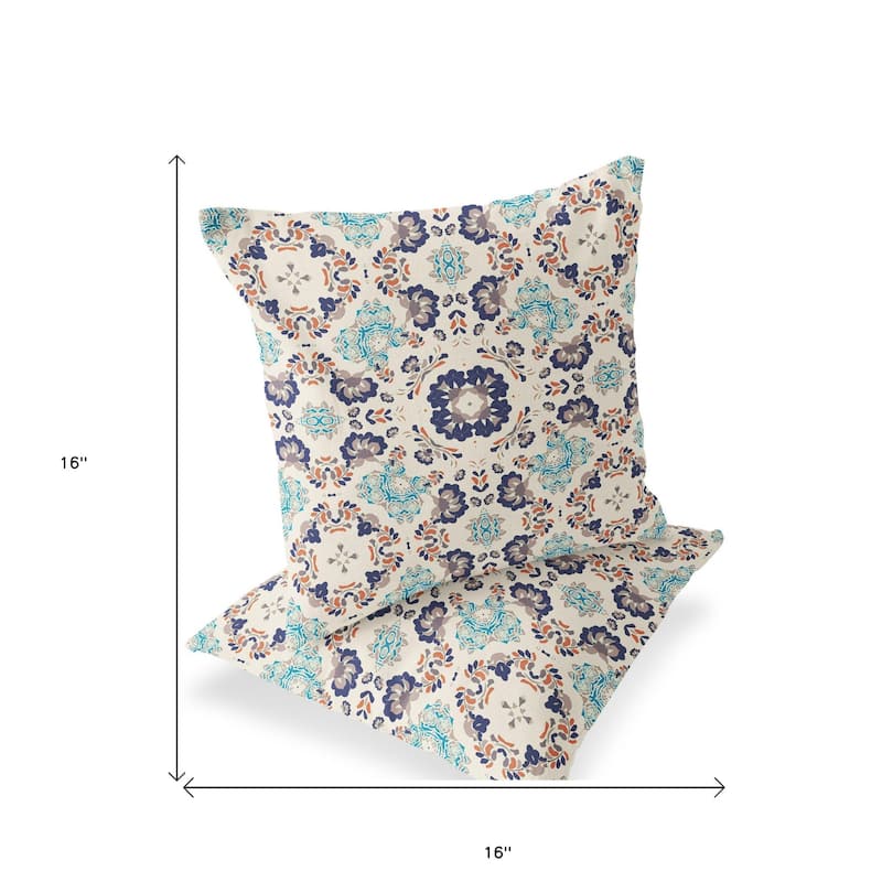 HomeRoots Set of Two 16" X 16" Blue and Off White Blown Seam Floral Indoor Outdoor Throw Pillow - 16.00' X '16.00' X '5.00