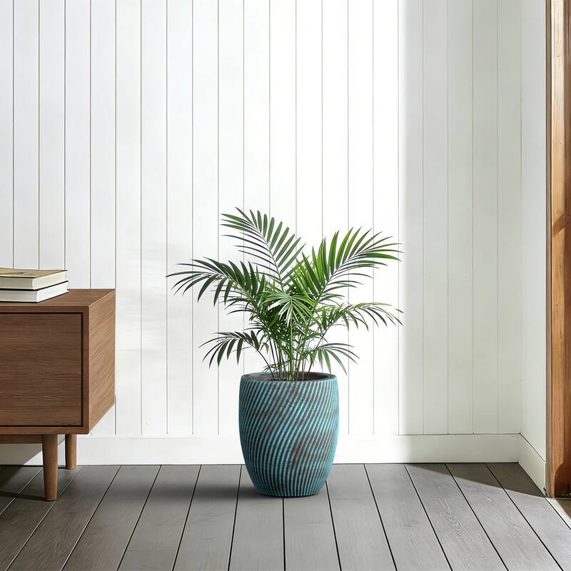 Concrete Tall Round Planter with Teal Stripes with Drainage Holes