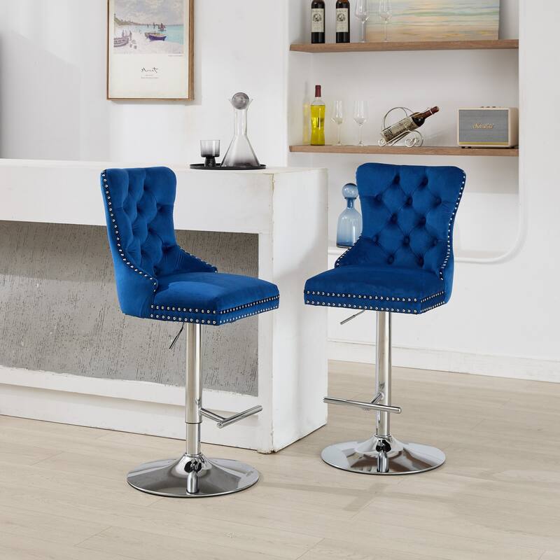 Modern Swivel Velvet Barstools, Adjustable 25-33"Height, Set of 2 - Blue