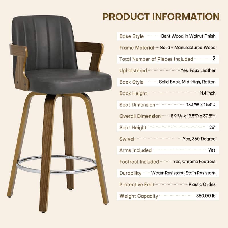 Upholstered Wood Swivel Counter Height Barstool with Arms