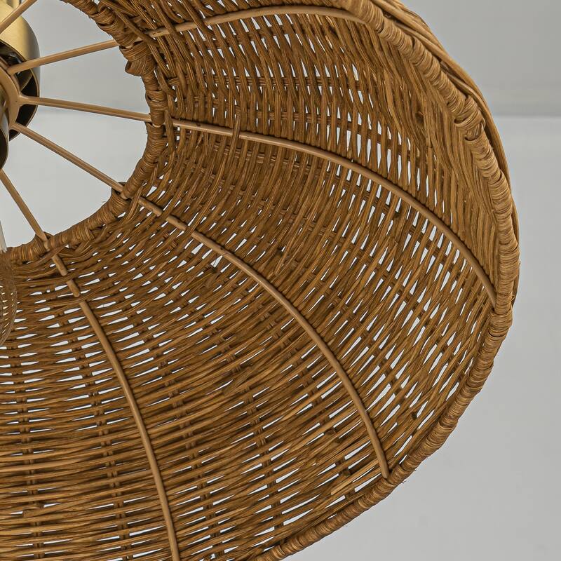 1-Light Modern Farmhouse Dome Straw Hat Hand Woven Chandelier with Natural Rattan Shade - Brass - 18.11" W × 9.06" H