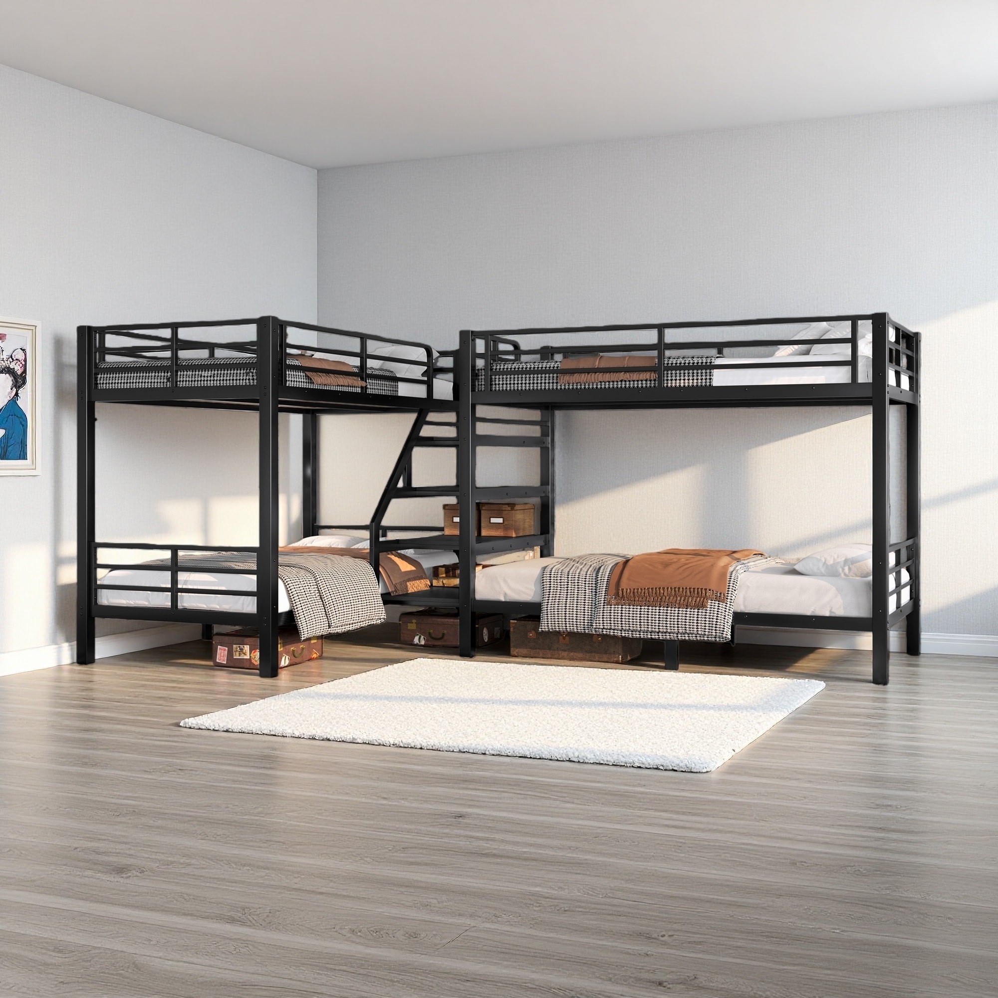 Twin Size Metal L-Shaped Bunk Bed with Storage Shelves, High Safety Guardrails, Space-Saving Modern Bunk Bed Frame