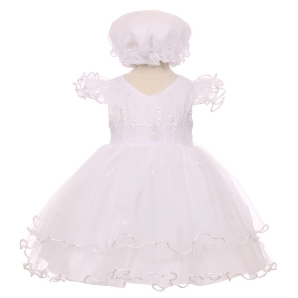 Baby Girls White Precious Ruffle Sleeves Christening Baptism Bonnet Dress 3-24M