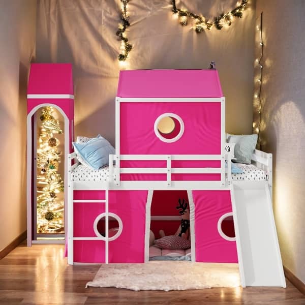 slide 2 of 30, Playhouse Full Size Loft Bed with Slide Pink Tent and Tower for Kids Pink
