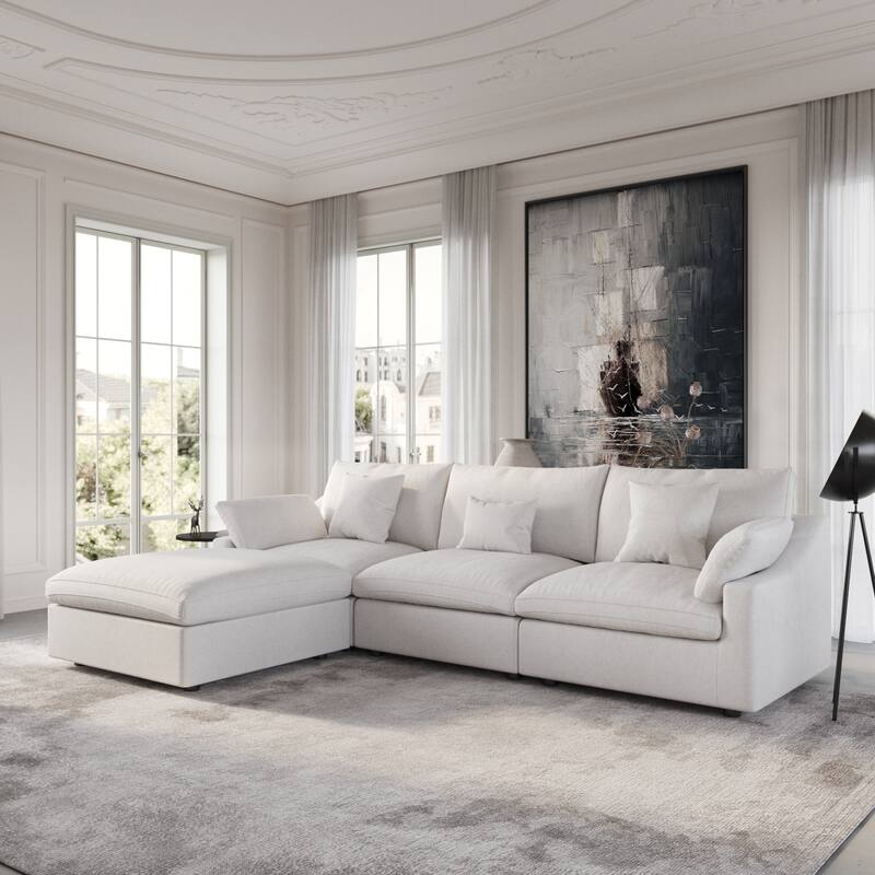 Modular Sectional Sofa Cloud Couch with Ottoman, 119'' L Shaped Linen Blend Fabric Minimalist Sectional Sofa for Living Room - 3+1(white)