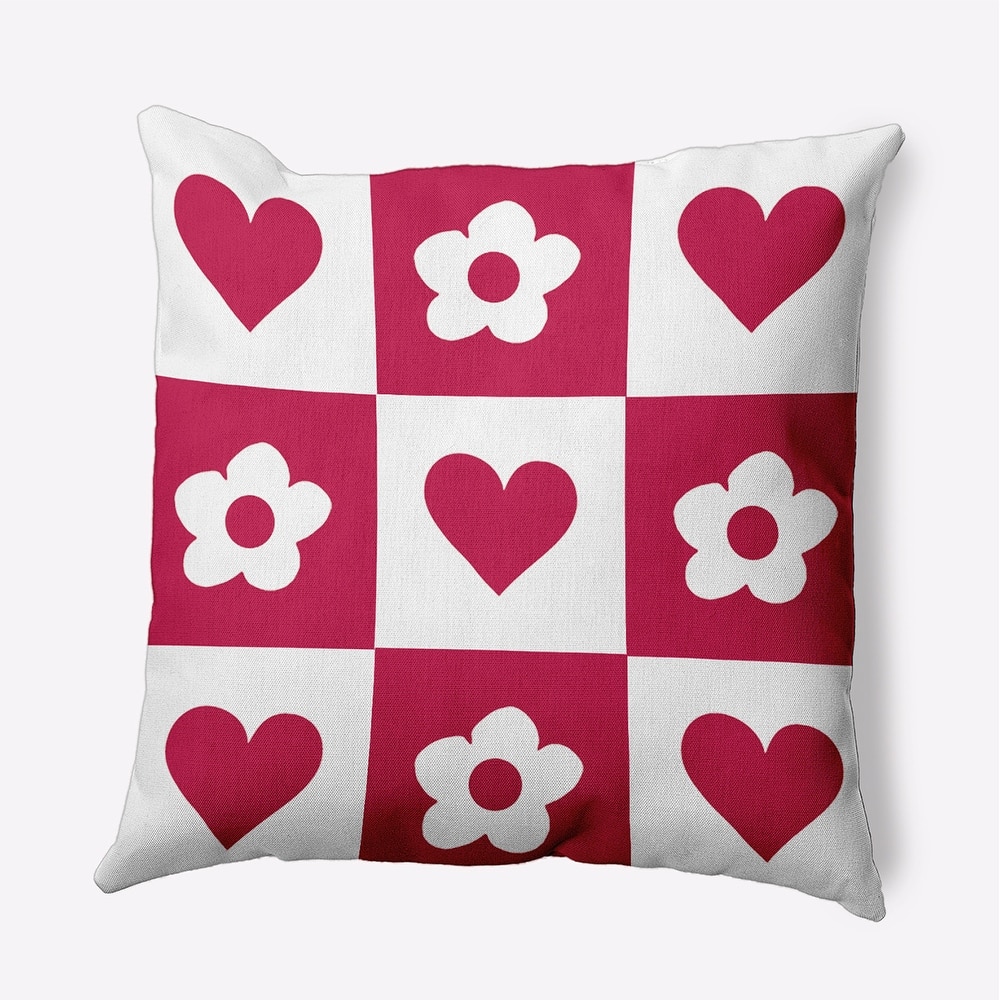Heart And Flowers Grid Valentines Day Accent Pillow