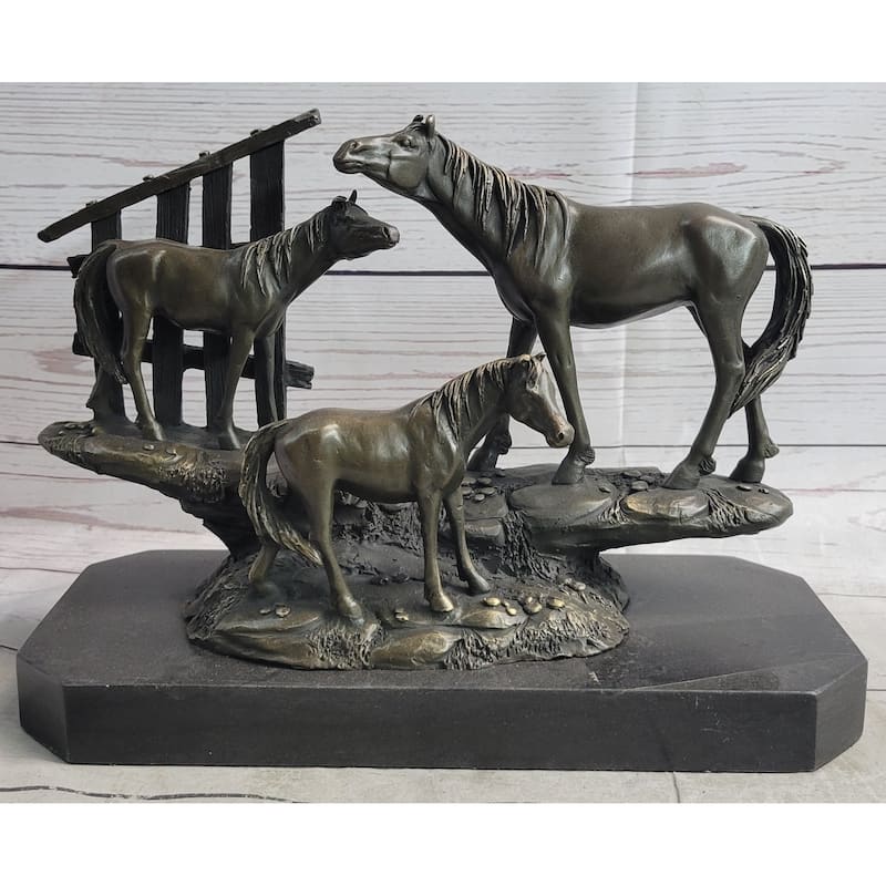 Horse Farm Horses Behind Stables Bronze Sculpture Statue Figure Equestrian Art Decor