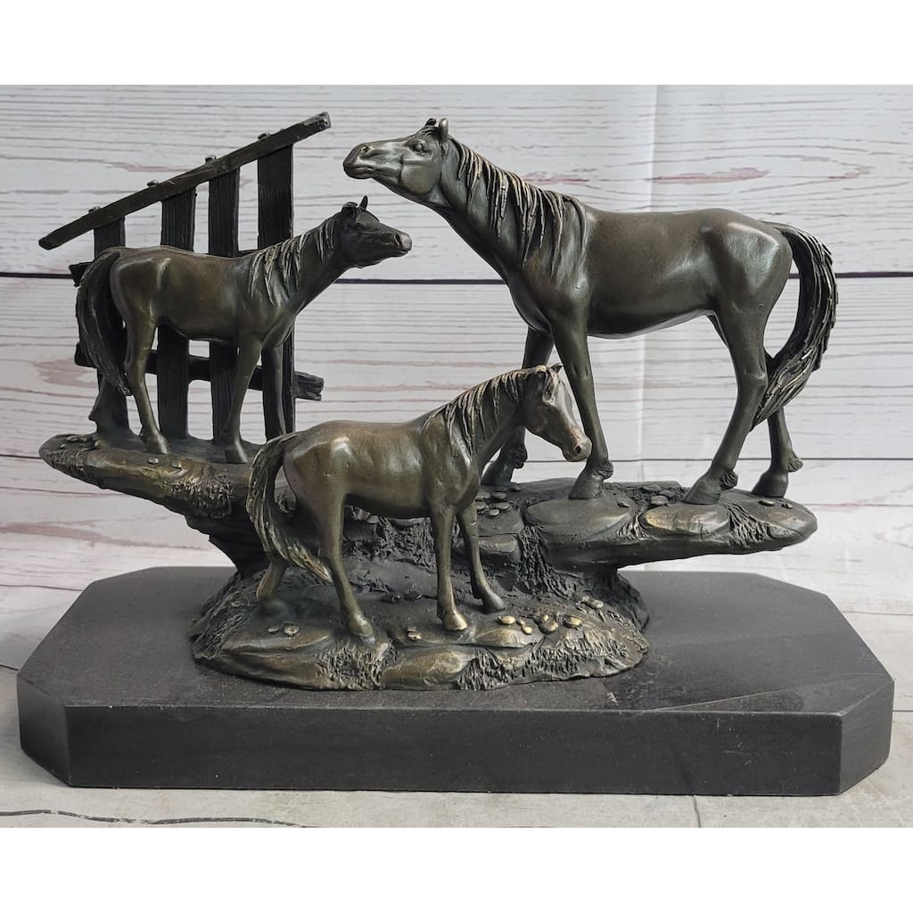 Horse Farm Horses Behind Stables Bronze Sculpture Statue Figure Equestrian Art Decor