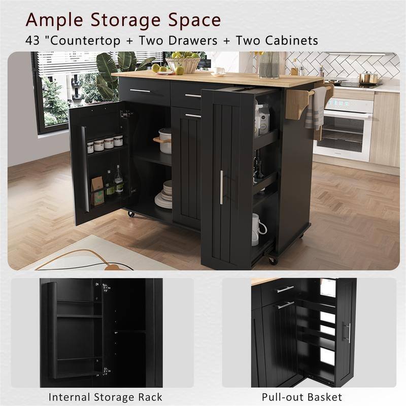 Kitchen Island with Drop Leaf and 3 Tier Pull Out Cabinet Organizer, Rolling Kitchen Cart on Wheels w/ 2 Drawers & Storage Rack