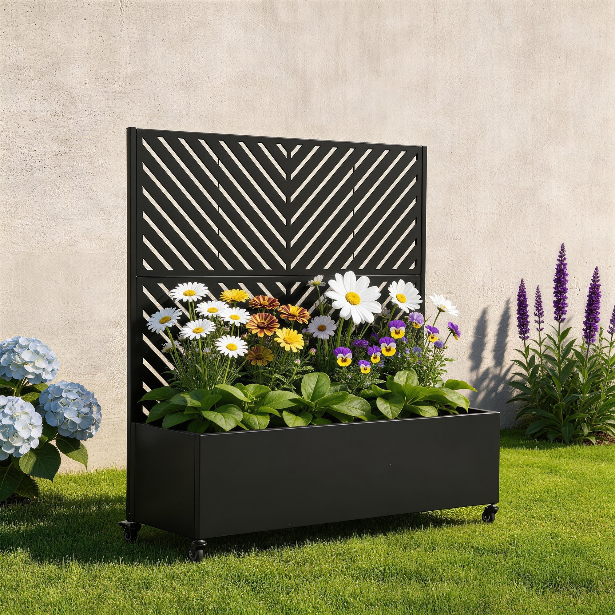 Rectangular Decorative Metal Privacy Screen with Planter Box Wheels