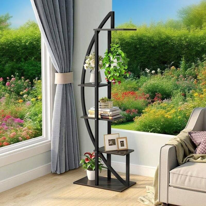 Black-Brown Wood Metal 10-Tier Curved Plant Display Shelf Stand - 19.7" x 11.8" x 63"