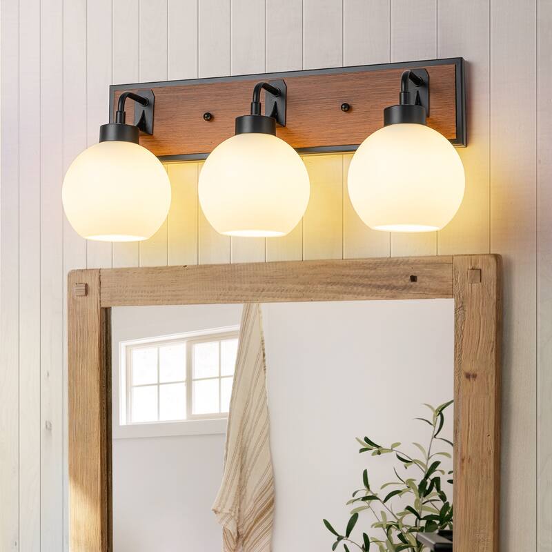 Wood Bathroom Vanity Light Fixture with Milk White Glass - Black