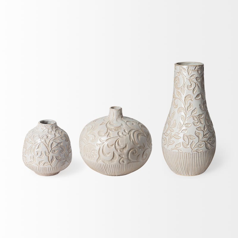 Jadiza I Small White Glaze Floral Patterned Ceramic Vase