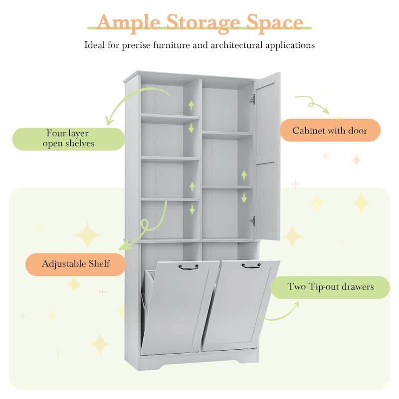 Bathroom Storage Cabinet with Doors and Drawers, Tilt-Out Laundry Hamper