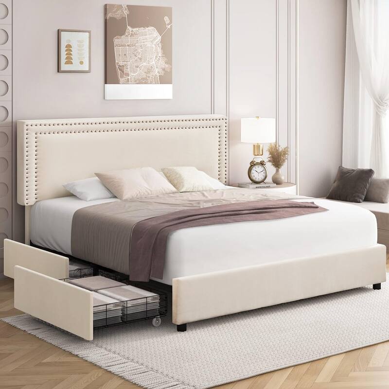 Modern Upholstered Bed Frame with 4 Storage Drawers, Platform Fabric Bed with Button Tufted Headboard