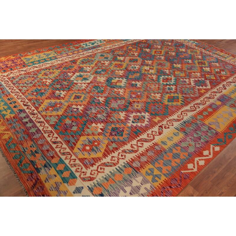 Geometric Kilim Area Rug Hand-Woven Orange Wool Carpet - 8'7"x 11'5"