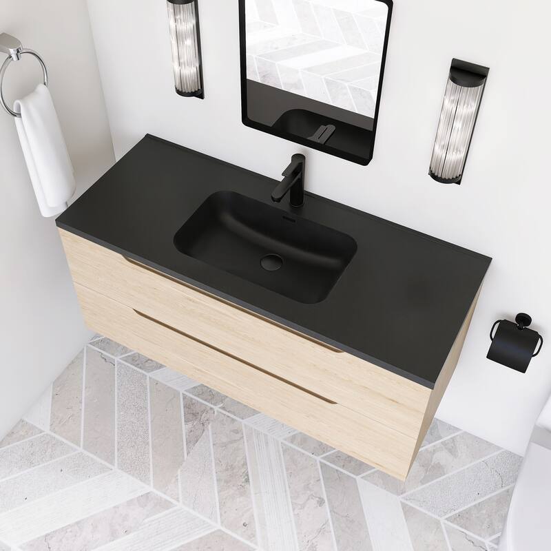 Floating Bathroom Vanity in Evita Oak with Integrated Quartz Sand Top