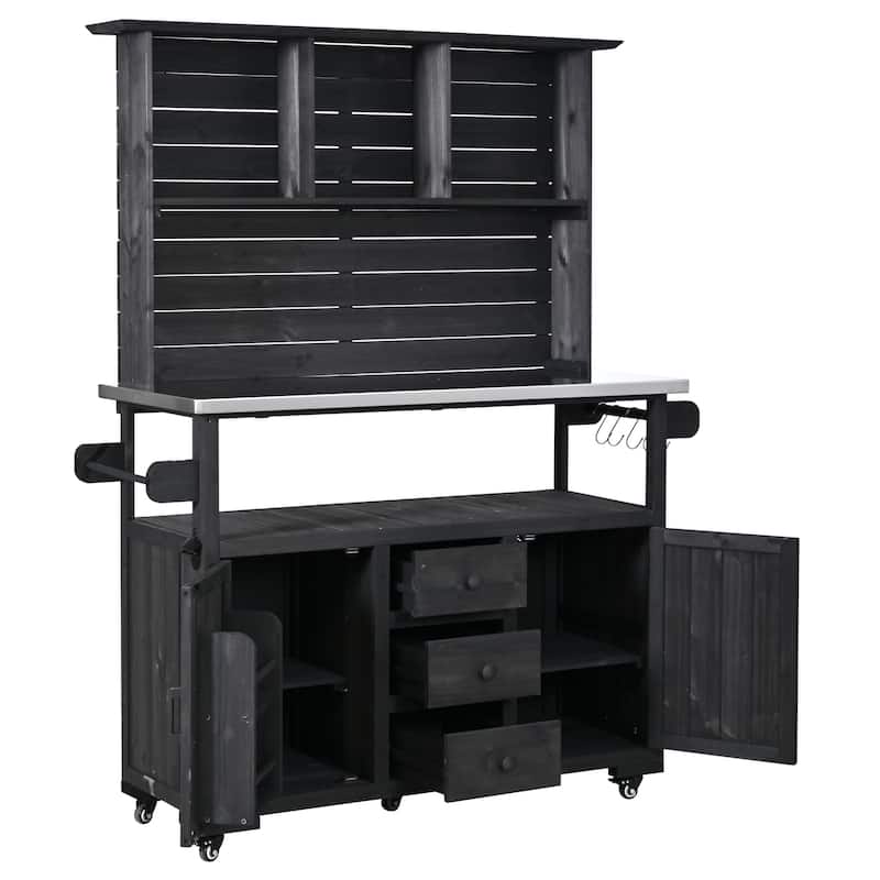 65" Outdoor Potting Bench with Stainless Steel Top, Rolling Garden Workstation with Hutch & Storage - Black