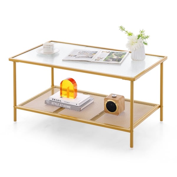 slide 2 of 10, Costway 2-Tier Coffee Table with Shelf with Tempered Glass Top & Metal - See Details Golden - See Details