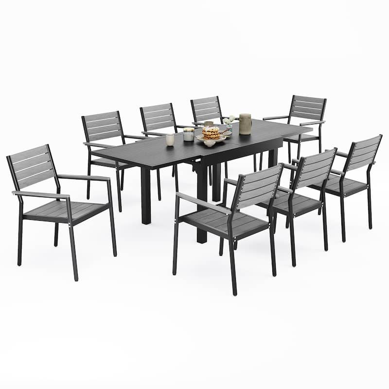 Outdoor 5/7/9 PCS Patio Dining Set Expandable Table with Stackable Dining Chairs - Black Table & Grey Chair - Set of 9