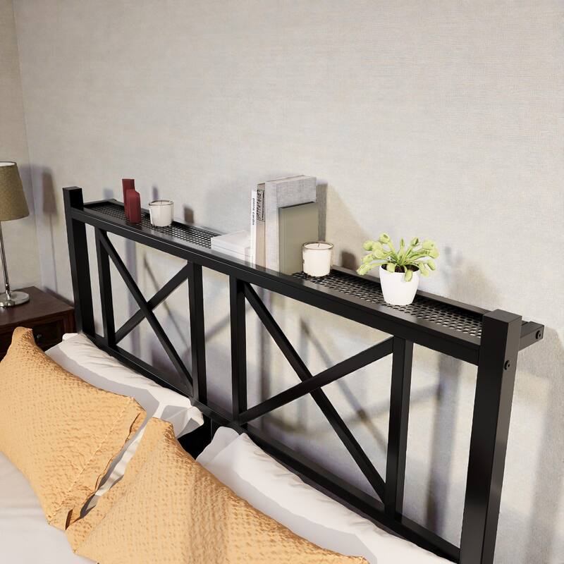 Full/Queen Floating Platform Bed Frame with LED Lights, USB Charging Station, Storage Headboard, Heavy-Duty Steel Slats