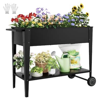 Homall Raised Garden Bed on Wheels Outdoor Metal Mobile Elevated Planter Box W/ Legs & Storage Shelf