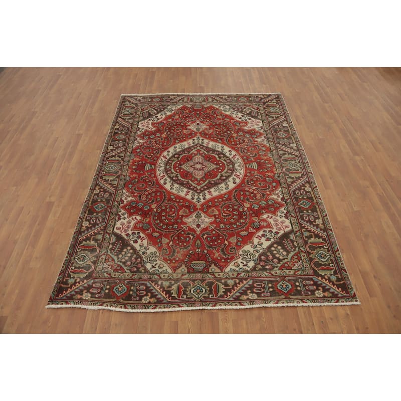 Hand Knotted Oriental 100% Wool Carpet Traditional Floral Red Tabriz Area Rug - 9' 0'' X 6' 7''
