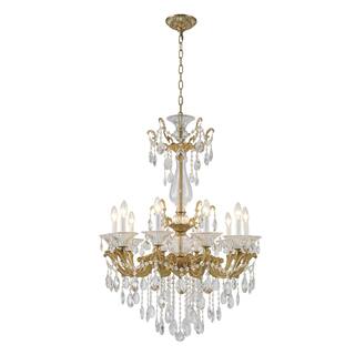 10-Light Satin Brass Metal Chandelier With Clear Hanging Crystals
