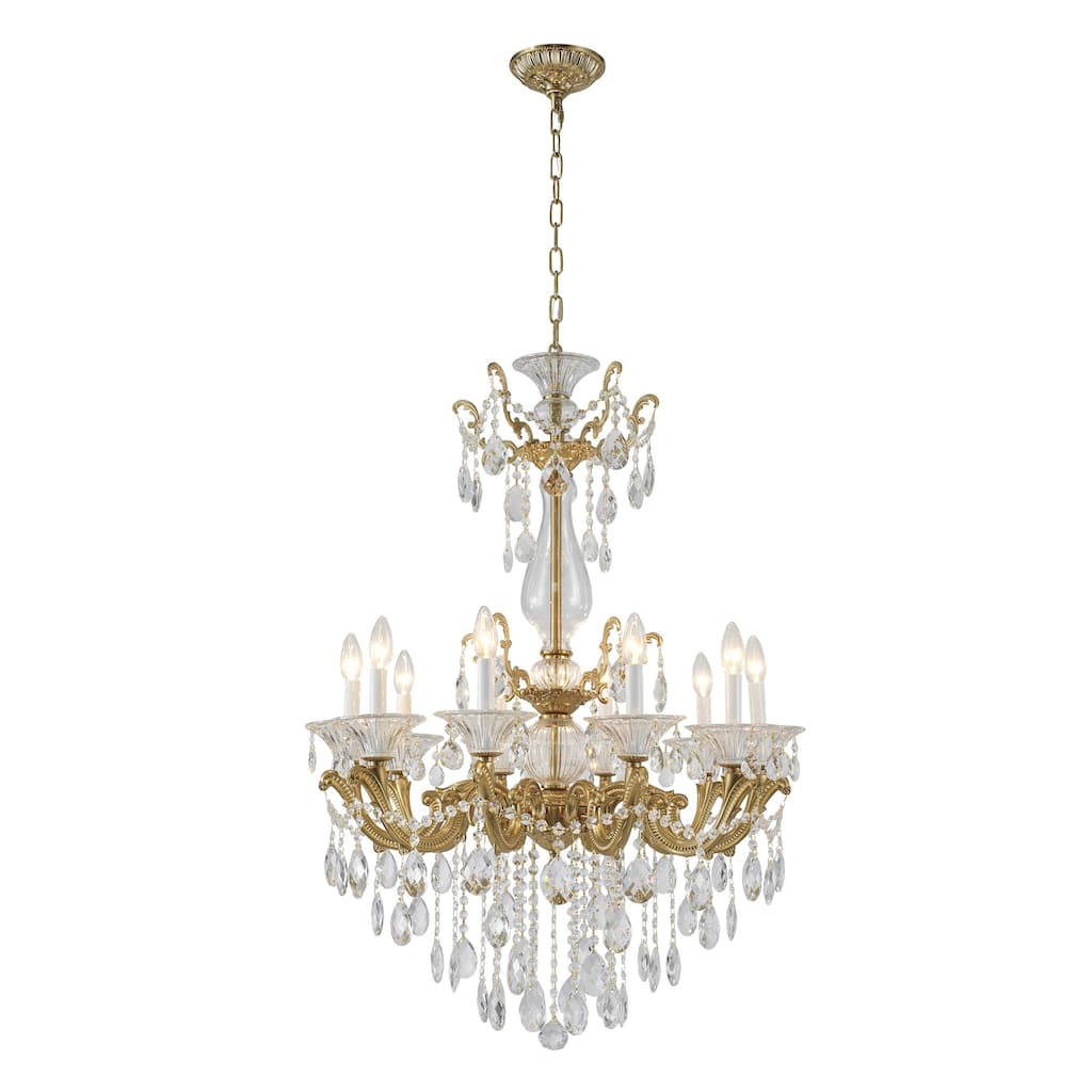 10-Light Satin Brass Metal Chandelier With Clear Hanging Crystals