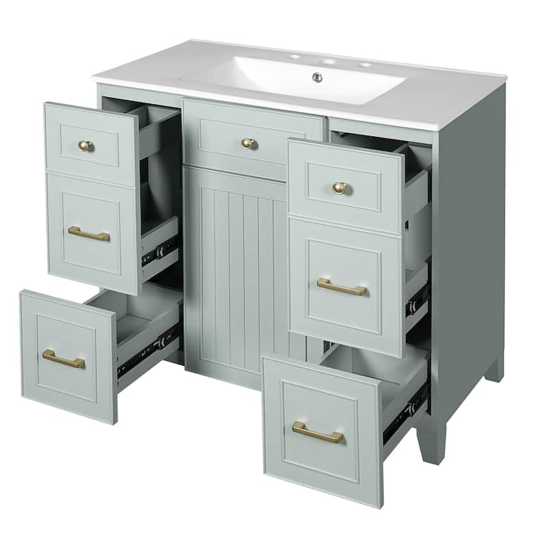 36" Green Bathroom Vanity with Ceramic Sink, Soft-Close Doors, 2 Double-Layer & 2 Standard Drawers, Adjustable Shelf
