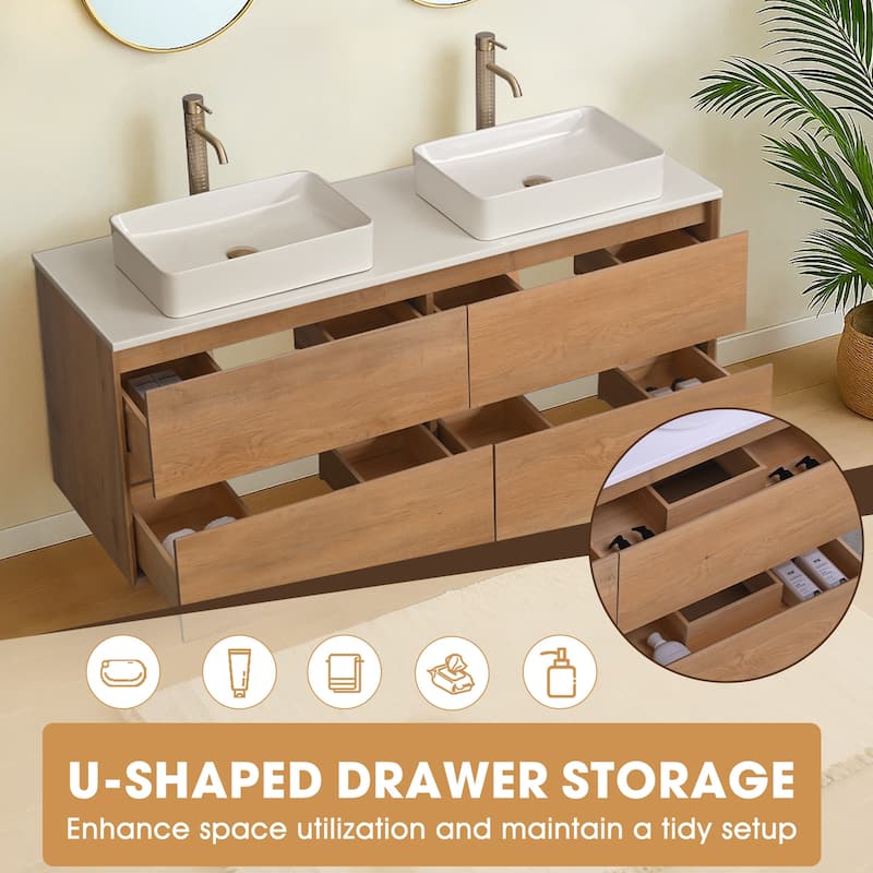 60" Floating Bathroom Vanity Quartz Counter Top with Double Ceramic Vessel Sink