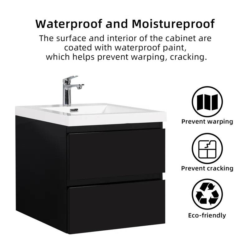 ABRUZZO 24" Floating Single Bathroom Vanity Wall-Mounted with Integrated Resin Top Basin 2 Soft Close Drawers Full Assembly