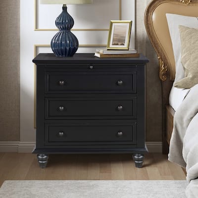 Farmhouse 3-Drawers Wood Nightstands with Pull Out Tray and Solid Wood Legs