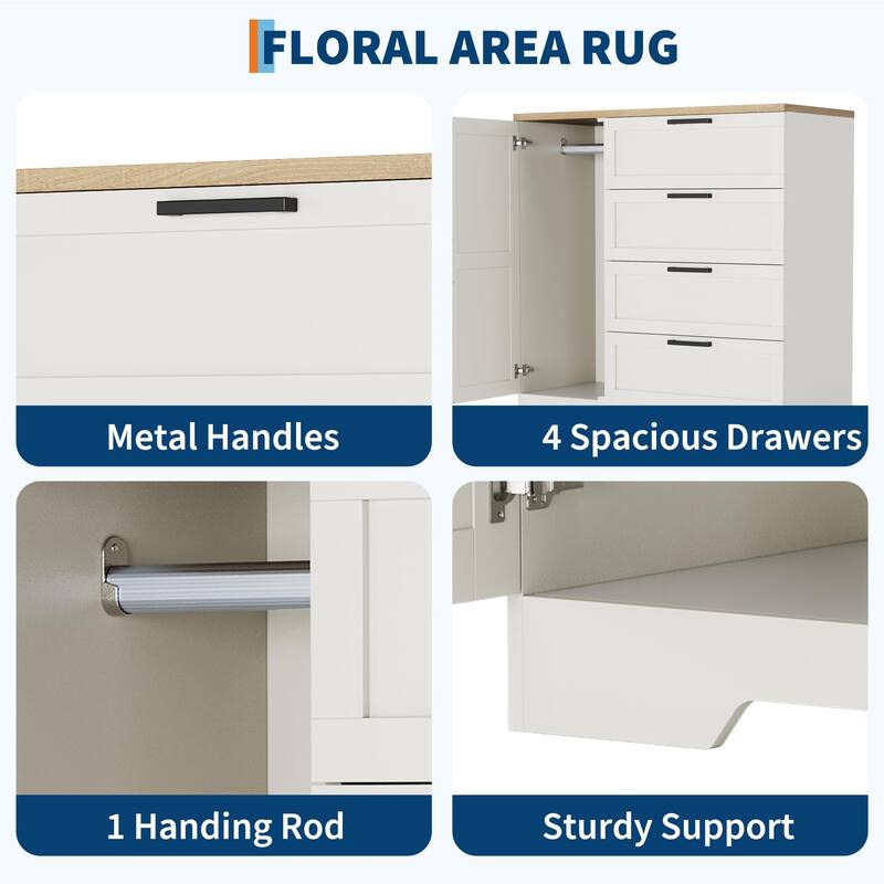 43.3'' Small Wardrobe Closet, Wardrobe Cabinet with Door, 4 Drawers and Handing Rod, Wooden Clothes Cabinet