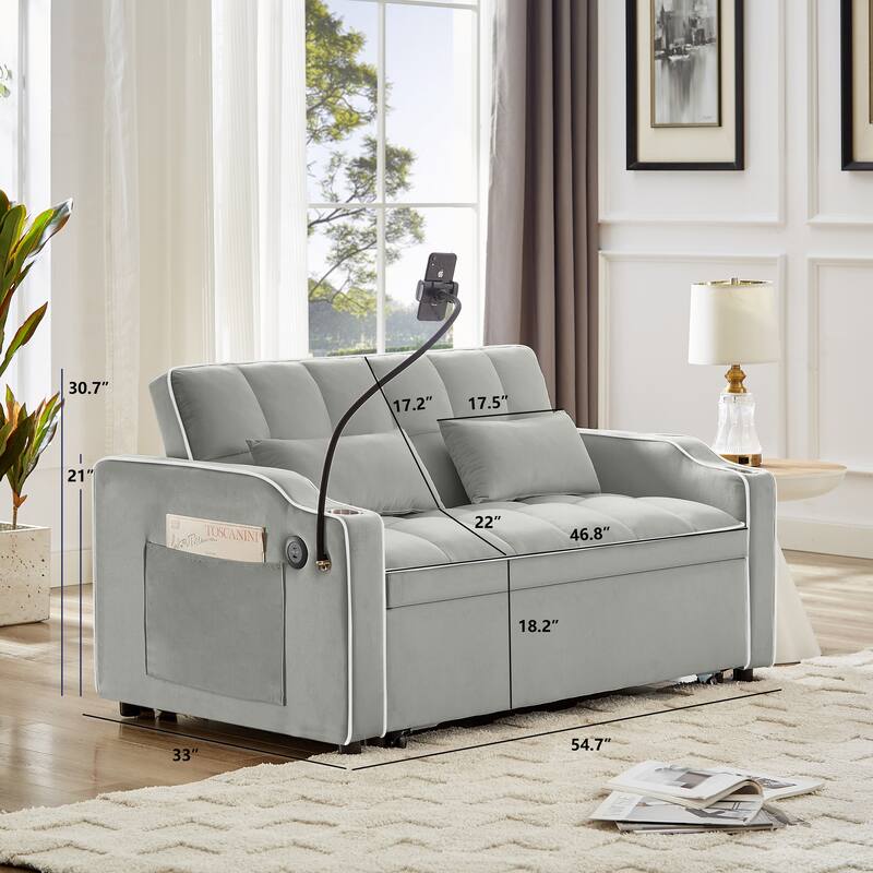 Convertible Sofa Bed with Adjustable Back, USB Charger, and Pillows for Living Room or Office