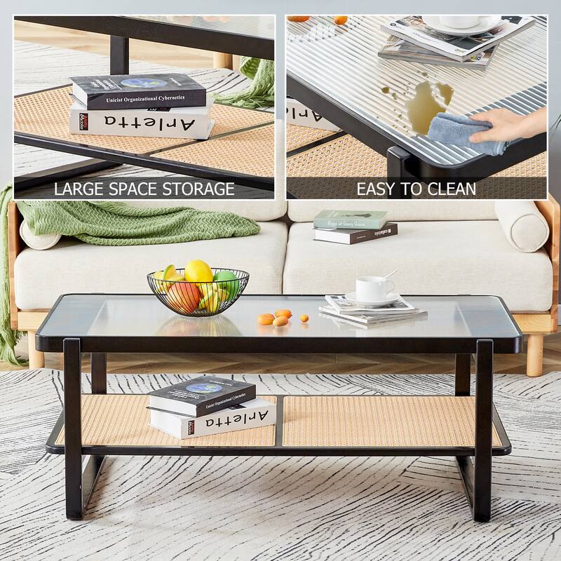 Coffee Table Solid Wood End Table Imitation Rattan Center Table