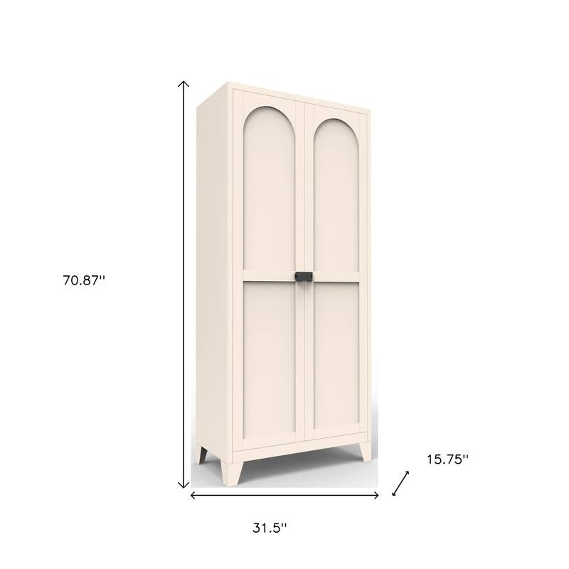 HomeRoots 71" Cream Stainless Steel Locking Pantry Or Storage Closet With Arched Panel Doors